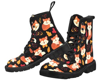 Cute Fox Women Boots, Animal Pattern Vegan Canvas Lace Up Festival Shoes Fashion Print Ankle Combat Handcrafted Casual Custom Gift