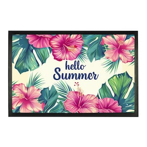 Hello Summer Hibiscus Doormat, Tropical Flowers Welcome Mat Front Door Indoor Outdoor Rubber Washable Waterproof Floor New Entry Entrance