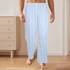 Blue and White Striped Men Pajamas Pants, Stripes Satin PJ Pockets Sleep Trousers Couples Matching Guys Male Adult Trousers Bottoms