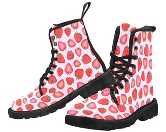 Strawberry Women's Boots, Pink Red Summer Fruit Kawaii Vegan Canvas Lace Up Shoes Print Army Ankle Combat Winter Casual Custom Gift