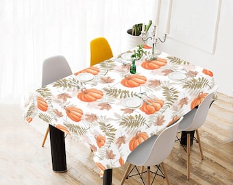 Pumpkins Tablecloth, Thanksgiving Fall Leaves Linen Rectangle Home Decor Decoration Cloth Table Cover Dining Room Party