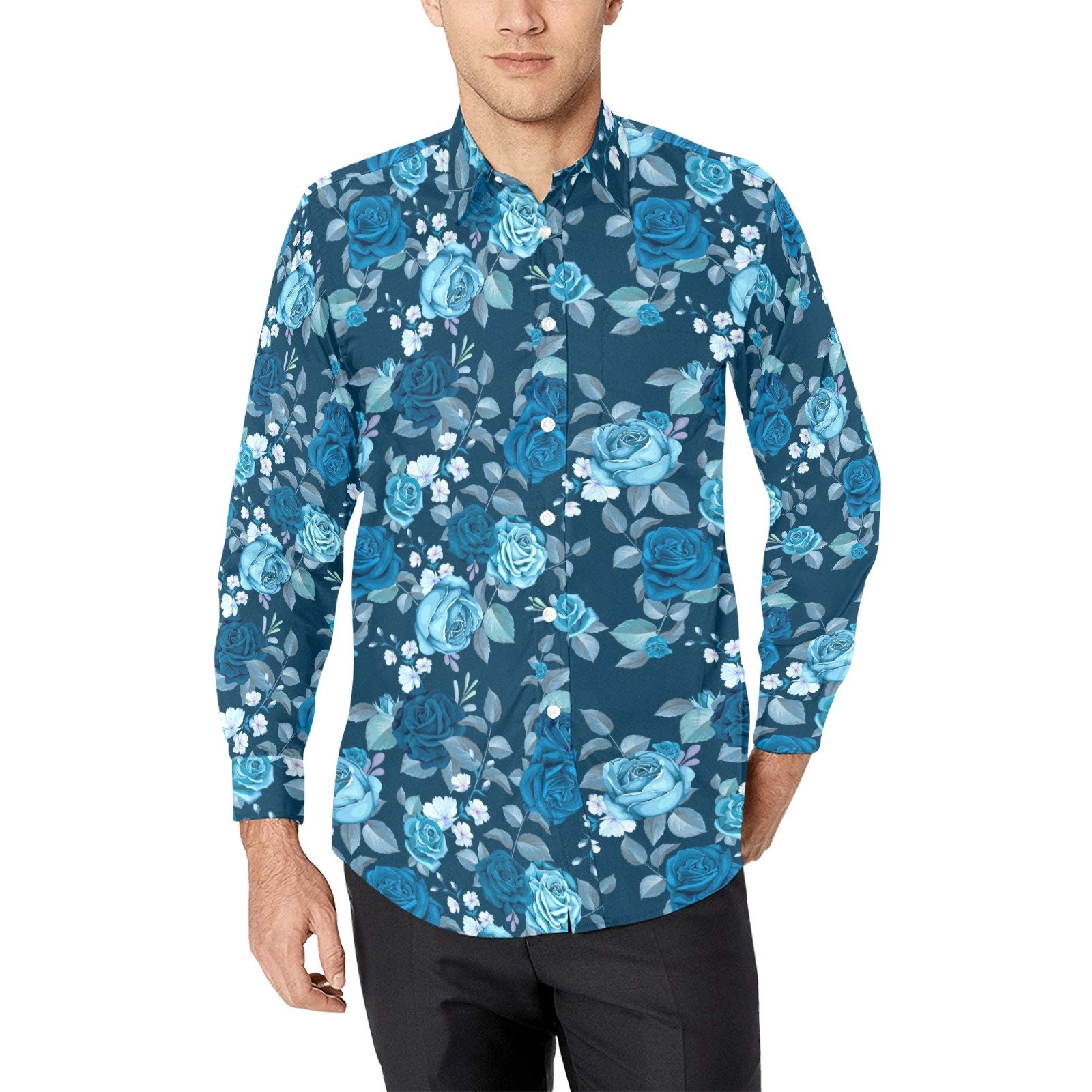 Blue Flowers Long Sleeve Men Button Up Shirt Floral Print Casual Buttoned Hawaiian Collared Designer Dress Shirt with Chest Pocket