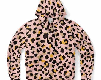 Pink Leopard Hoodie, Animal Cheetah Print Pullover Men Women Adult Aesthetic Graphic Cotton Hooded Sweatshirt Pockets Designer Plus Size