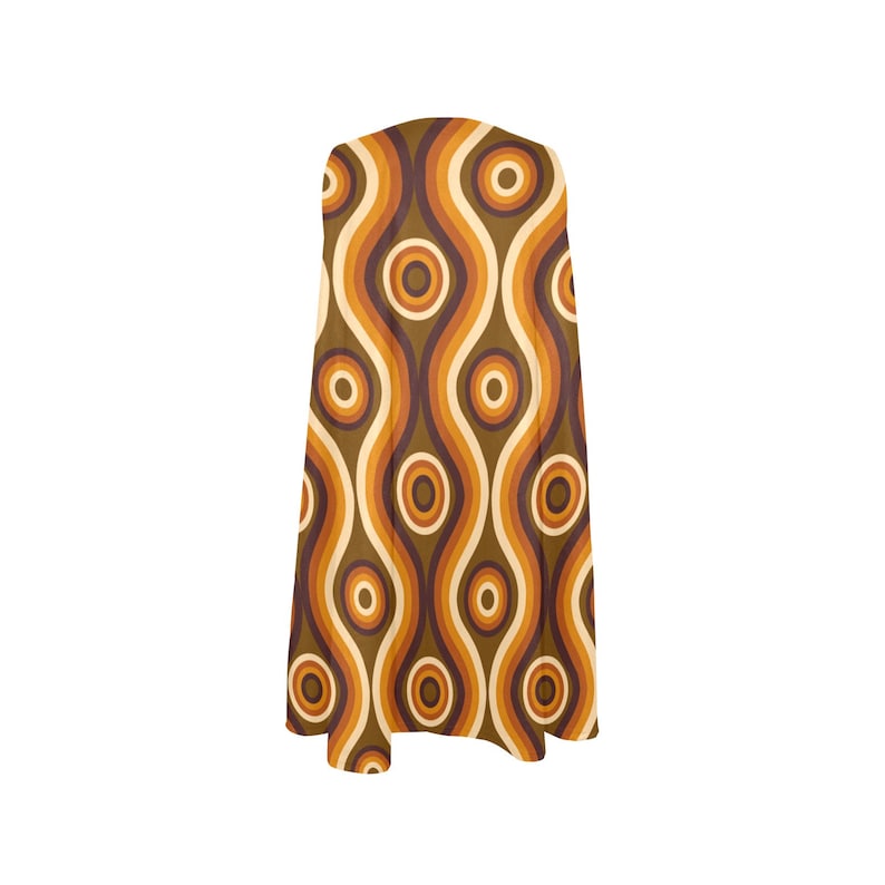 May include: A long brown, orange, and cream skirt with a retro 70s pattern of wavy lines and circles.