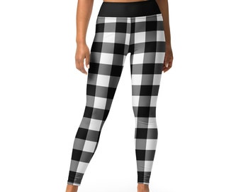 Buffalo Plaid Yoga Leggings Pants, Black and White Lumberjack Fall Winter Christmas Tartan Printed Style Workout High Waist