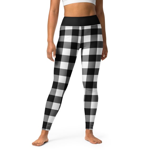 Buffalo Plaid Yoga Leggings Pants, Black and White Lumberjack Fall