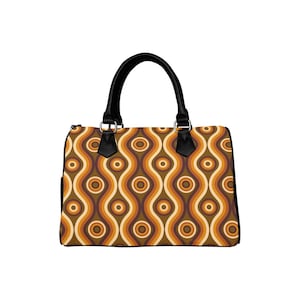 70s Retro Handbag, Vintage 1970s Brown Orange Geometric Print Canvas and Leather Top Handle Barrel Boston Designer Women Ladies Purse Bag