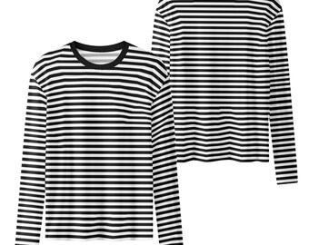 黒と白のストライプ柄レディース長袖Tシャツ、レトロヴィンテージ