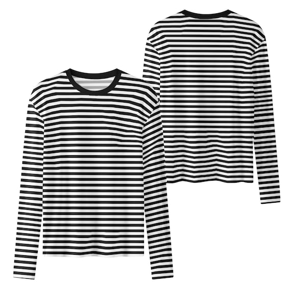 familiar ストライプ柄長袖Tシャツ 黒と白のストライプ柄レディース長袖Tシャツ、レトロヴィンテージ
