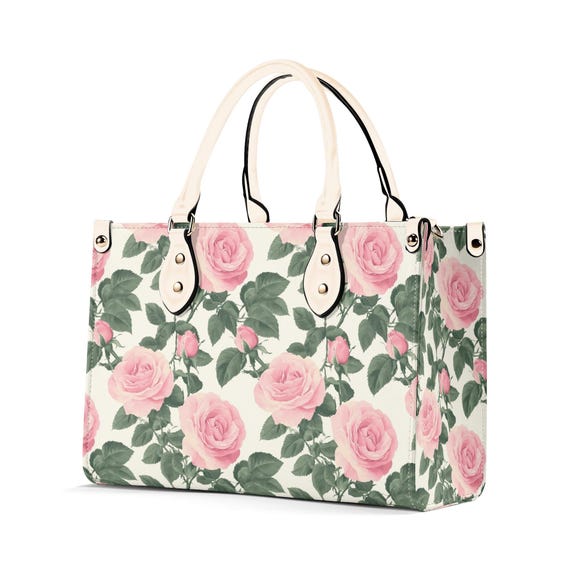 Pink Rose Flower Shoulder Purse, Floral Cute Crossbody Vegan  display picture 1