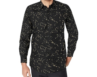 Black Constellation Space Long Sleeve Men Button Up Shirt, Universe Galaxy Gold Stars Print Buttoned Guys Collared Casual Dress Chest Pocket