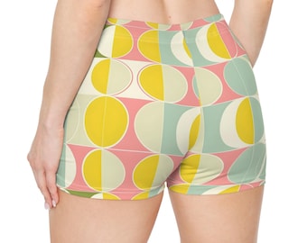 Mid Century Modern Women Shorts, Yellow Retro Colorful Yoga Biker Sport Workout Gym Festival Running Moisture Wicking Ladies Spandex Bottoms