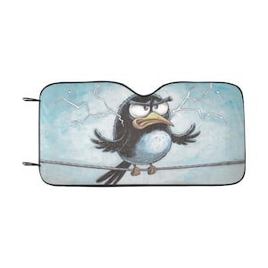 May include: A blue and black cartoon bird with an angry expression is perched on a wire. The bird has lightning bolts coming out of its head. The background is a light blue watercolor wash.