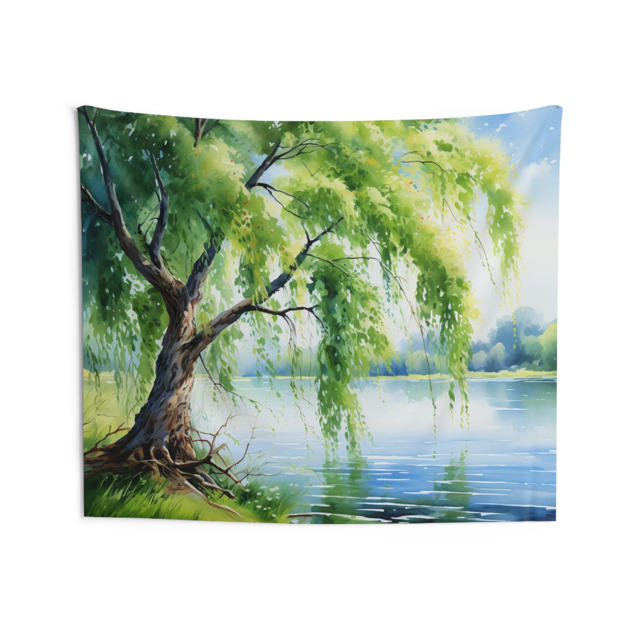 Weeping Willow Tree Tapestry, Nature Lake Watercolor Wall Art