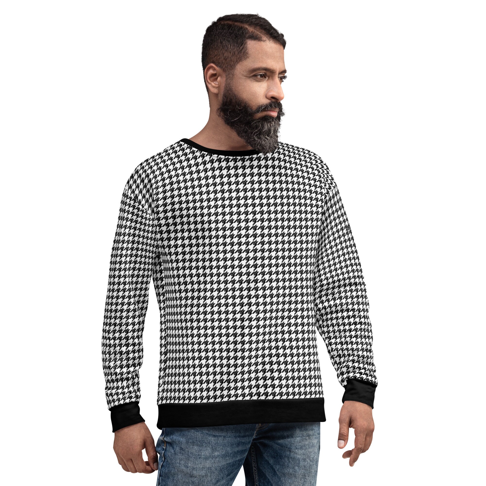 Houndstooth Black White Men Sweatshirt, Retro Pattern Check Plaid 