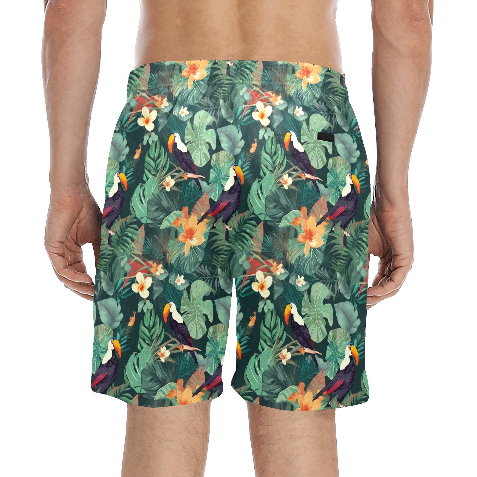 Toucan Men Swim Trunks, Tropical Green Leaves Mid Length Shorts