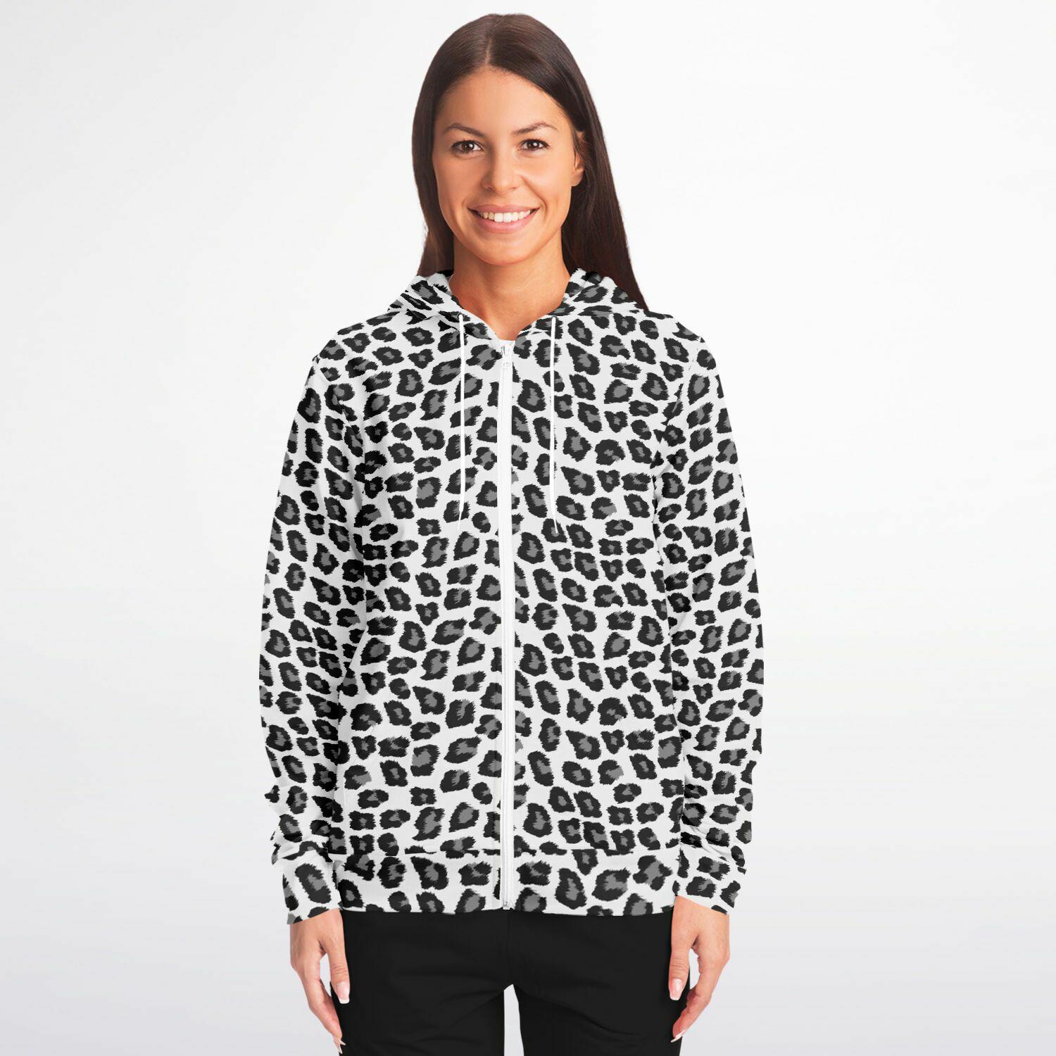 Snow Leopard Zip up Hoodie, Black White Animal Print Full Zipper