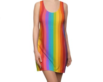 Rainbow Dress Women, Vintage Rainbow Pride Clothes, Tropical Colorful Vertical Striped Tank Racerback Dress