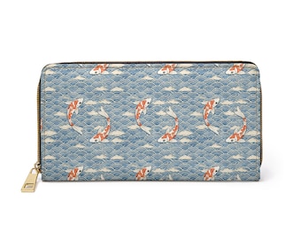 Koi Fish Leather Wallet Women, Ocean Japanese Wave Vegan Zipper Zip Around Coins Credit Cards Pocket Cash Ladies Female Pouch Slim Purse