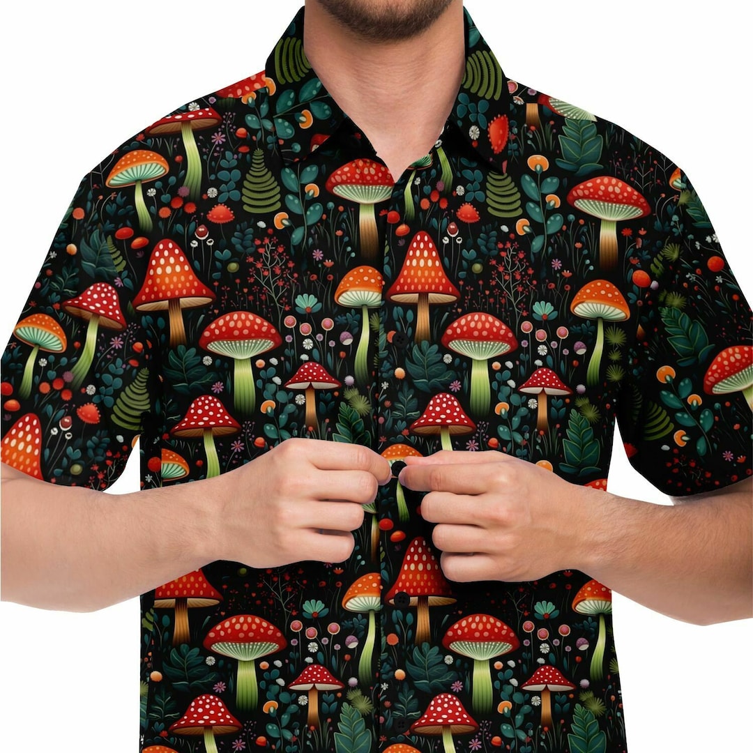 Red Mushroom Short Sleeve Men Button up Shirt, Cottagecore