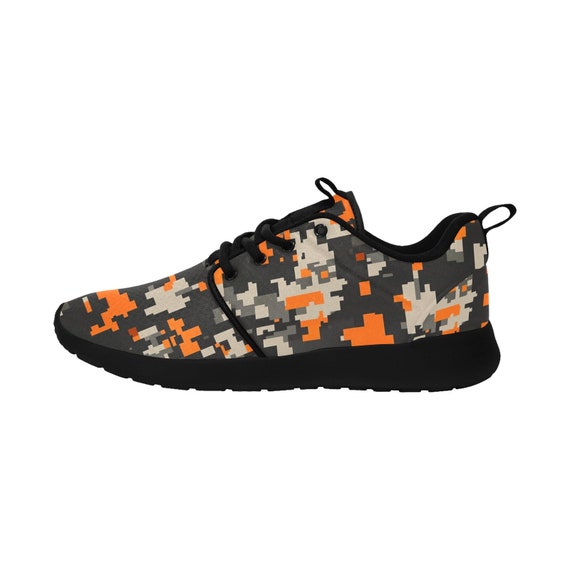 Black Orange Camo Men Sneaker, Pull Loop Camouflage Lace up 