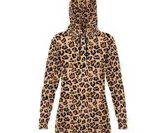 Leopard Hoodie Dress, Animal Print Cheetah Long Sleeve Sexy Winter Hooded Sweatshirt Dress with Pockets