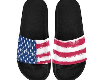 Patriotic Women Slides Sandals, American Flag Shoes Red White Blue Stars Stripes USA 4th of July Flip Flops Slip On Vegan Slippers