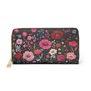 Portafoglio in pelle floreale rosa da donna, fiori finti ricami vegani con cerniera, monete, carte di credito, tasca per contanti, pochette sottile da donna