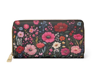 Cartera de piel con flores rosas para mujer, con bordados de flores, vegana, con cremallera, para monedas, tarjetas de crédito, bolsillo para efectivo, cartera fina para mujer