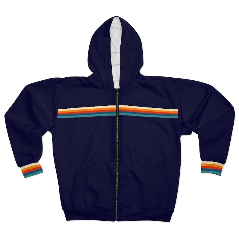 Sweat à capuche entièrement zippé à rayures rétro des années 70, bleu marine vintage rayé arc-en-ciel poche zippée hommes femmes unisexe esthétique graphique polaire sweat à capuche image 1