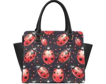 Ladybug Purse Handbag, Cute Red Vegan Leather Designer Women Gift Satchel Top Zip Handle Bag Shoulder Strap Ladies