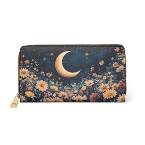 Portafoglio in pelle con luna floreale da donna, stelle, spazio, vegano, con cerniera, con cerniera, per monete, carte di credito, contanti, da donna, sottile, pochette
