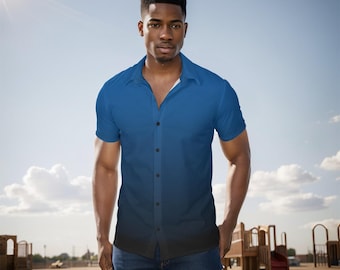 Blue Black Ombre Men Button Up Shirt, Tie Dye Gradient Short Sleeve Print Casual Buttoned Down Summer Male Guys Collared Designer Dress