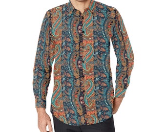 Paisley Men Button Up Shirt, Mixed Bandana Long Sleeve Pattern Print Dress Buttoned Collar Casual Dress Collared Shirt with Chest Pocket
