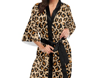 Leopard Print Kimono Robe, Animal Cheetah Women's Lounge Peignoir Sleepwear Sexy Short Long Bathrobe Pajamas