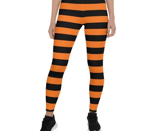 Schwarze Kürbis Orange Gestreifte Leggings Damen, Halloween Witch Goth Bedruckte Yogahose Süße Grafik Workout Designer Strumpfhose Geschenk