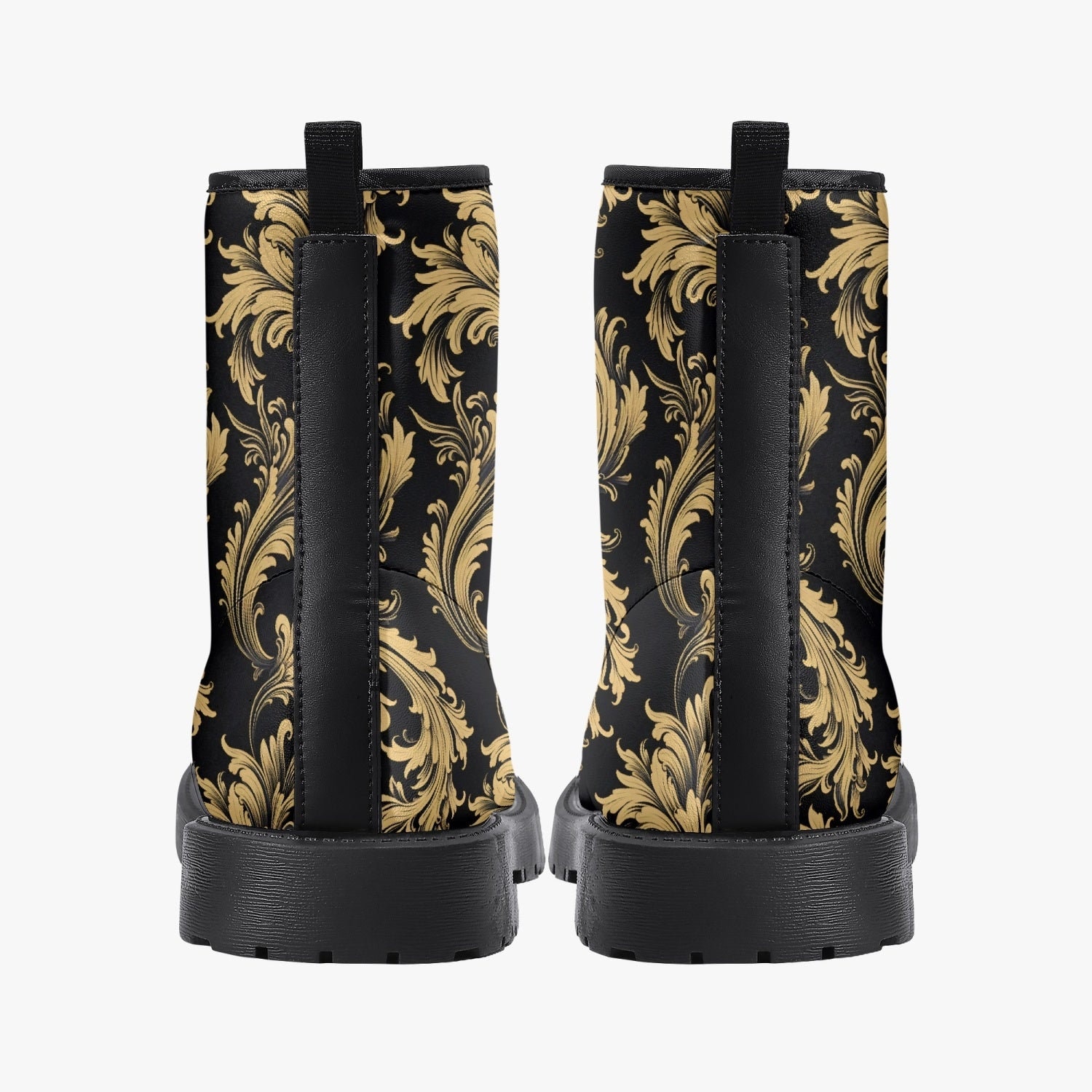 Black Gold Baroque Leather Boots, Printed Lace up Shoes 