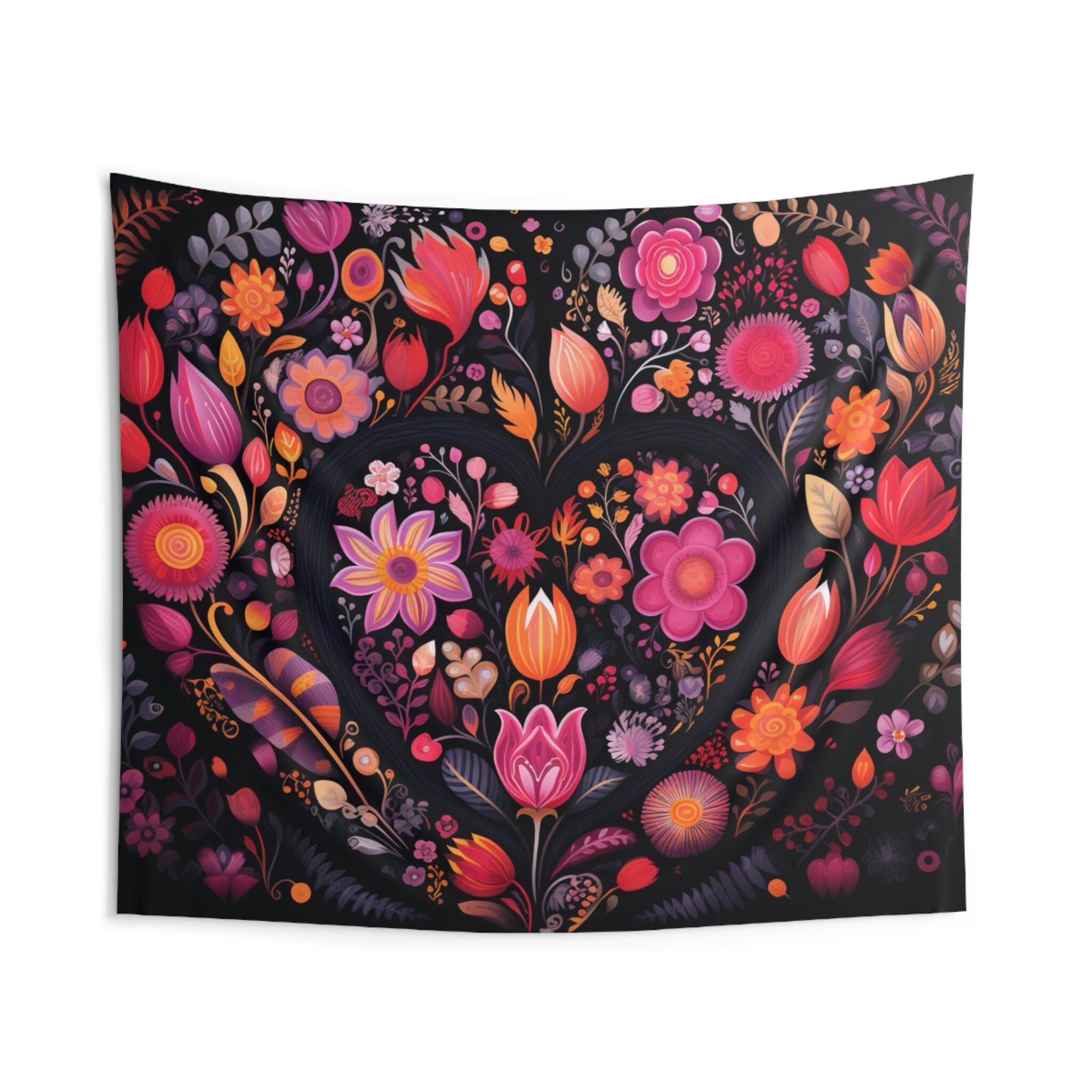 Floral Heart Tapestry, Love Flowers Pink Wall Art Hanging Cool