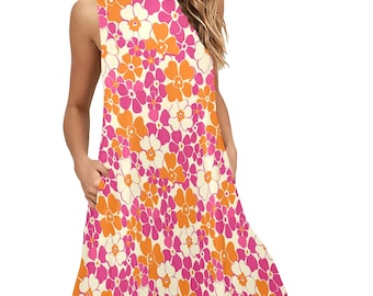 May include: A sleeveless, flowy dress with a floral print. The dress has a white background with orange and pink flowers.