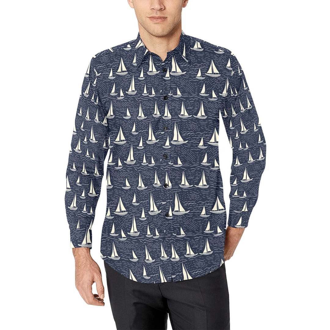 Sail Boats Men Button up Shirt, Long Sleeve Nautical Navy Ocean