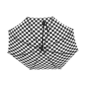 Checkered Anti-UV Automatic Umbrella (Underside Printing), Black White Check Sun Beach Rain Parasol Vintage Men Women