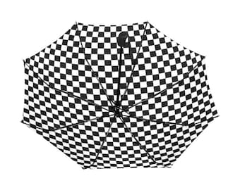 Checkered Anti-UV Automatic Umbrella (Underside Printing), Black White Check Sun Beach Rain Parasol Vintage Men Women