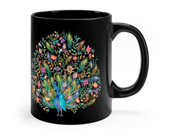 Majestätische Pfau Kaffee Schwarz Tasse, Keramik Tasse Tee Liebhaber Federn Unikat Mikrowellenfest Neuheit Cooles Geschenk Keramik