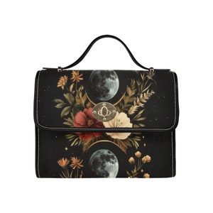 Moon Floral Canvas Satchel Bag, Night Sky Flowers Cottagecore Witchy Waterproof Black Cute Women Crossbody Purse Vegan Leather Strap Handbag
