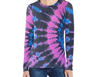Camiseta de manga larga con efecto tie dye para mujer, diseño divertido, con cuello redondo y estampado gráfico estético, color rosa, negro y azul