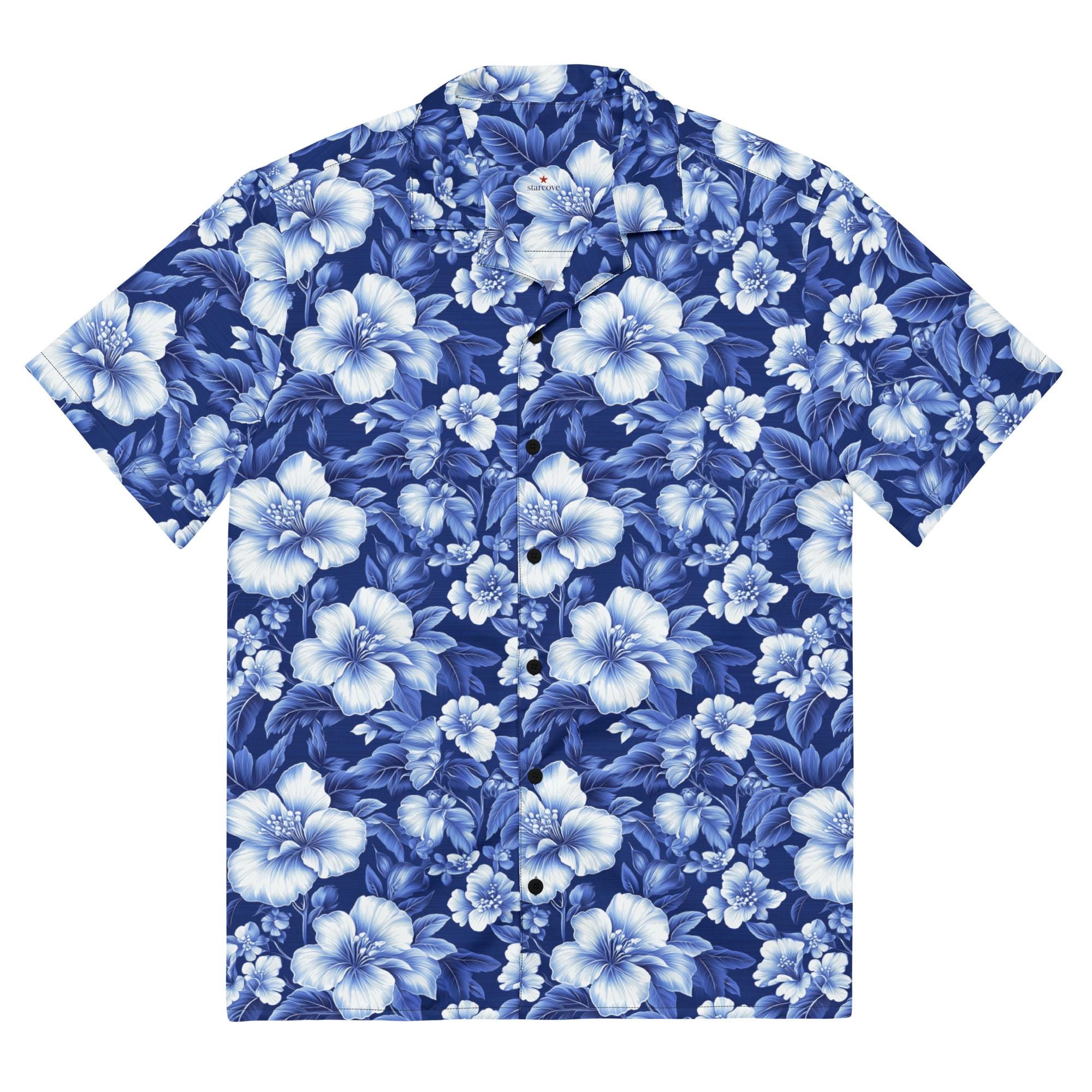 Blue Hibiscus Short Sleeve Button up Shirt, White Hawaiian Flowers