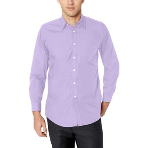 Purple Long Sleeve Men Button Up Shirt, Lilac Lavender Solid Color Print Dress Buttoned Collar Dress Shirt with Chest Pocket