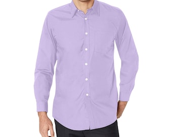 Camisa morada de manga larga para hombre, camisa de vestir con cuello abotonado y bolsillo en el pecho con estampado de color liso lavanda lila