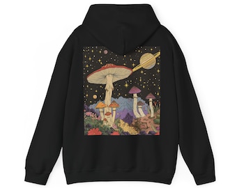 Mushrooms Night Sky Hoodie, Planets Stars Printed on Back Pullover Men Women Adult Aesthetic Graphic Cotton Hooded Sweatshirt Pockets