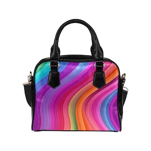 Rainbow Purse, Pink Stripes Pattern Cute Small Shoulder Zip Bag Vegan Leather Women Designer Handbag Crossbody Ladies